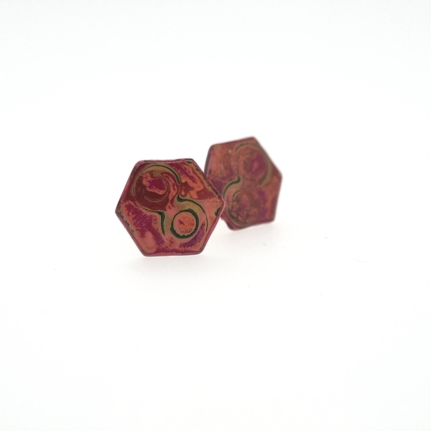 Mini Hex Tambo stud earring in pinks and copper