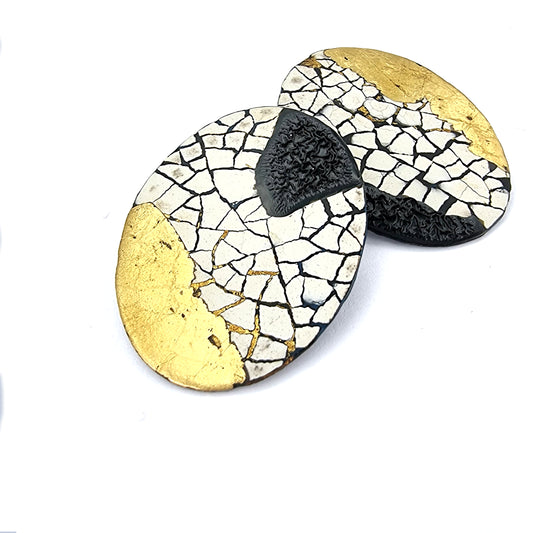 Maxi Modern Mosaic Oval statement earrings with 22k gold leaf