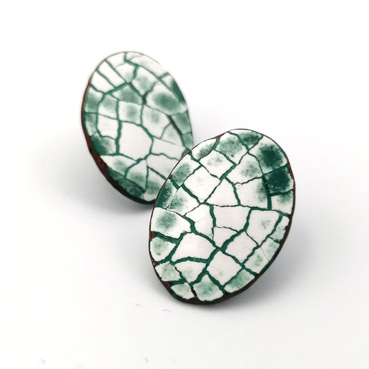 Muy Mini Modern Mosaic Oval stud earrings in green and earth red.
