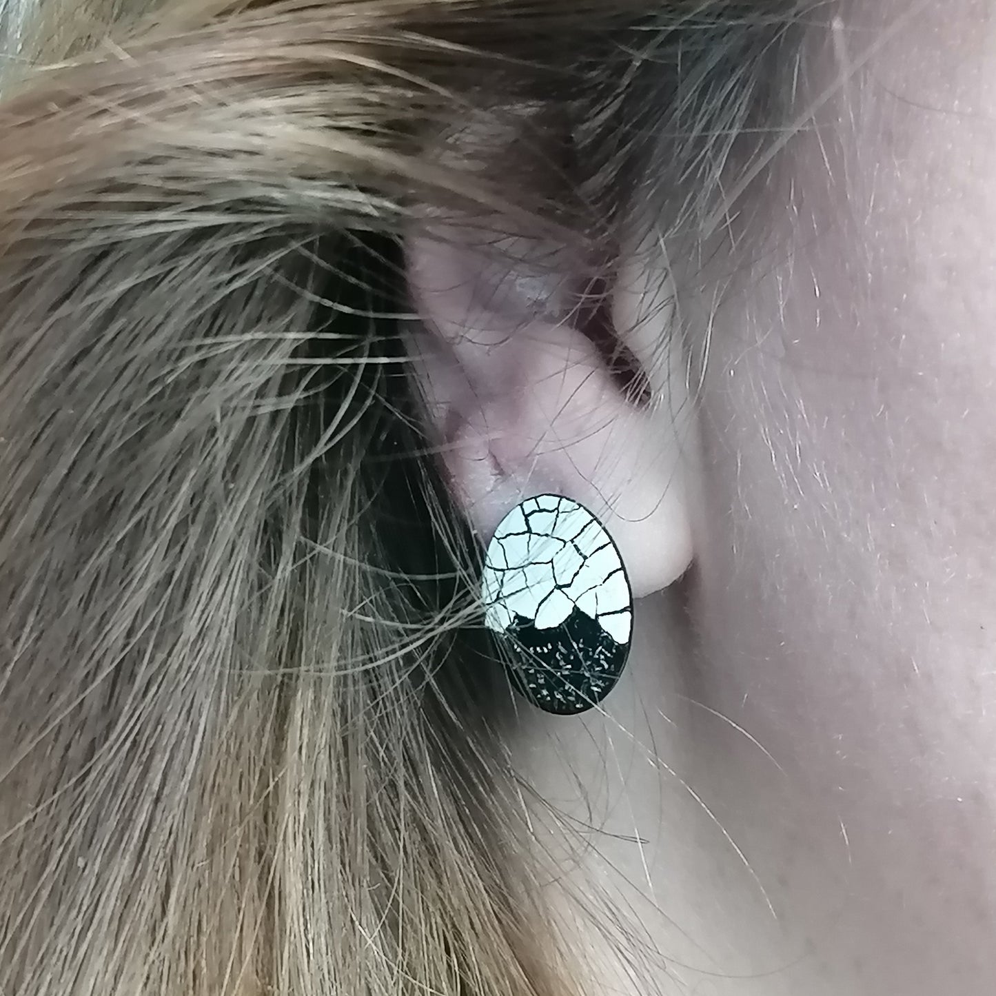 Muy Mini Modern Mosaic Oval stud earring with a dark side.